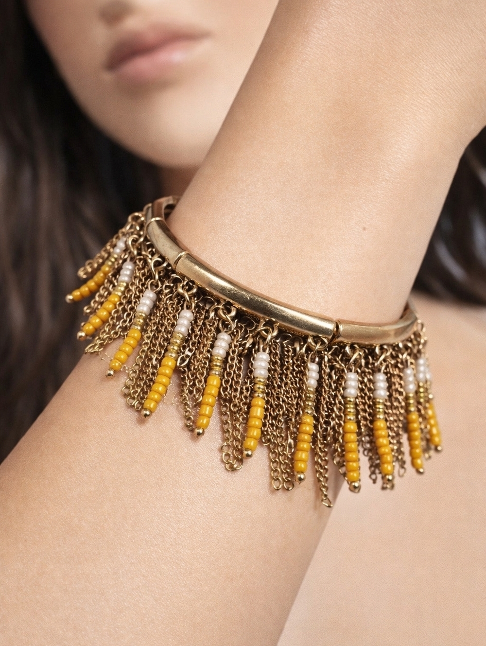 Boho Gold Tone Stretch Bracelet Yellow & White Beaded Fringe – Statement Jewelry